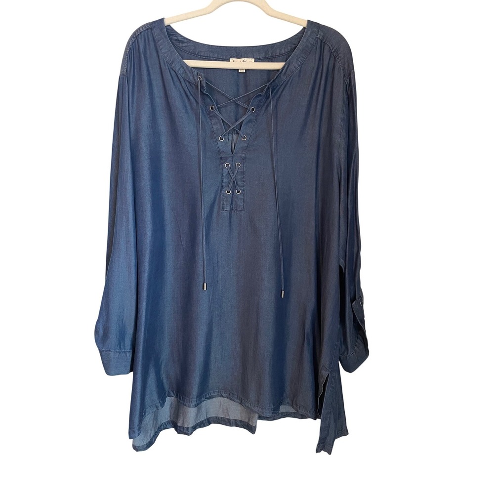 Jane and Delancey Blue Lyocell Chambray Lace Up Tunic Top Womens 3X Long Sleeve